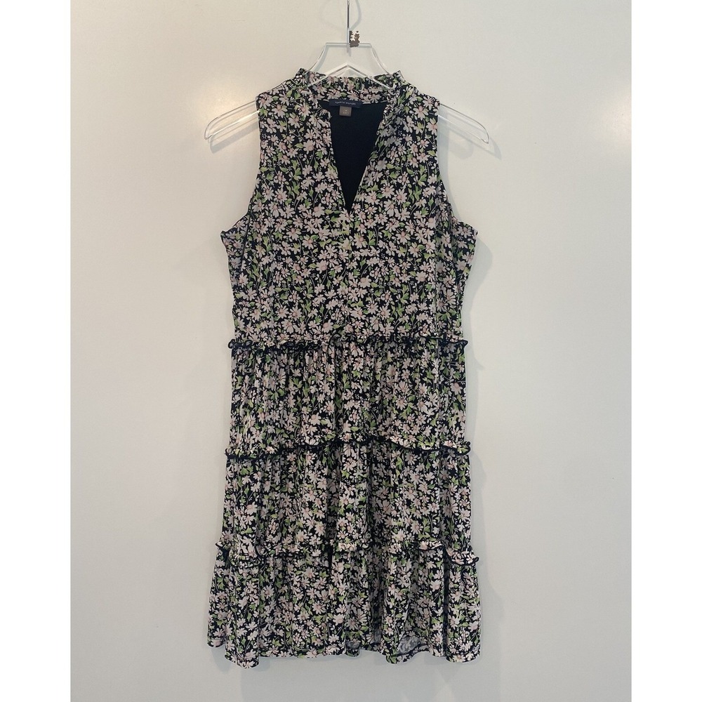 Tommy Hilfiger Womens Floral Tiered Sleeveless Dress Navy Pink Ruffle Neck Sz 4